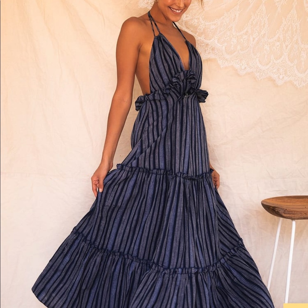 Vacay Babe Navy Blue Striped Halter Maxi Dress